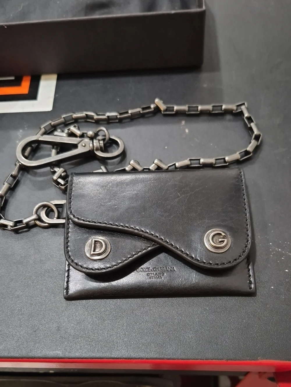New Dolce & Gabbana Black Leather Card Wallet with Chain and DG Accents